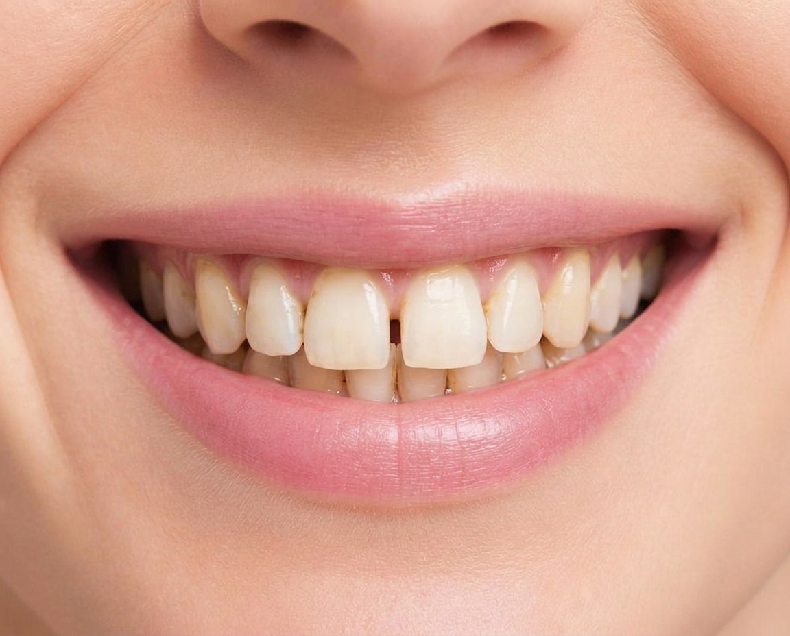 The same smile before treatment, with staining and uneven front teeth